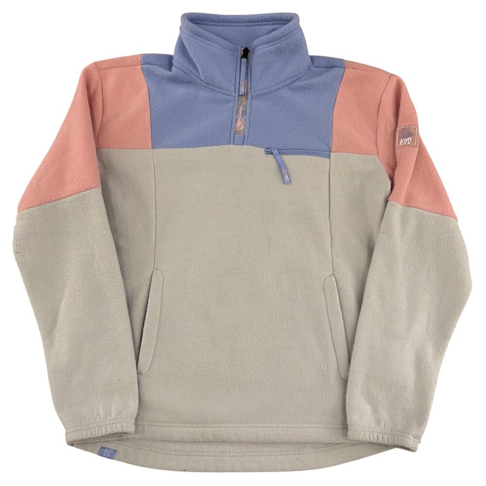 Roxy Chloe Kim Women’s Pink Blue 1/4 Zip Fleexe Sweater Color Block Size XL Y2K